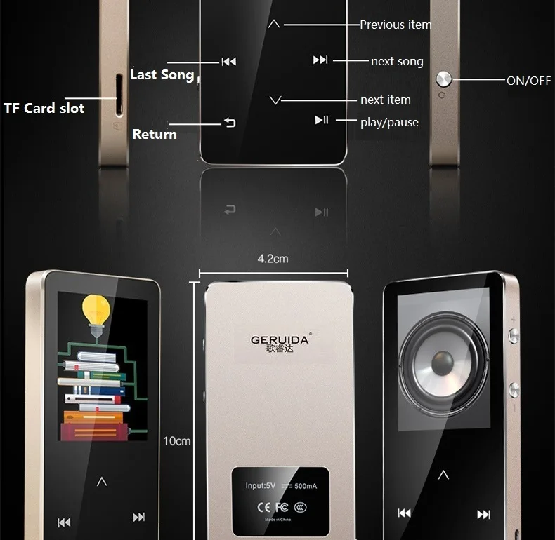 Geruida Bluetooth Hi-Fi MP4 плеер 8 г Touch ключ MP3 с часы с видеорегистратором E-Book рука ремешок Испанский Русский Португальский французский