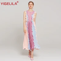yigelila women summer birthday party dress fashion sleeveless o neck empire slim ankle length patchwork ruffles dress 63410