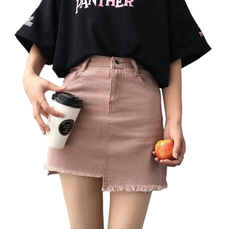 Асимметричный край юбки для девочек джинсовая юбка на кнопках розовая бежевая