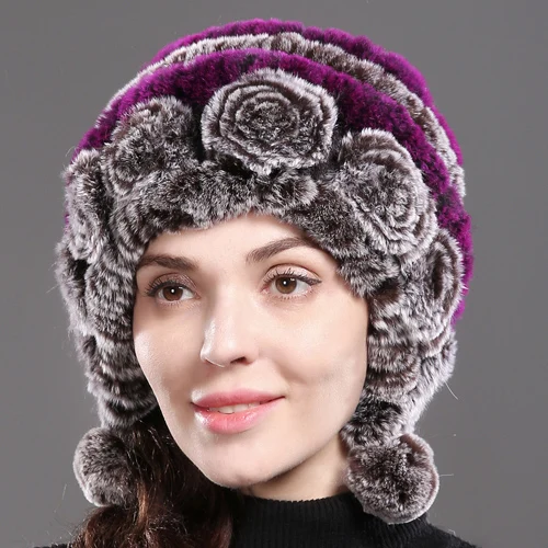 coffee and purple Новые женские цветы настоящий мех кролика шапки вязаные в полоску из натурального кролика рекс меховая шапка зимняя теплая Женская Настоящий мех кролика шапка - Цвет: coffee and purple