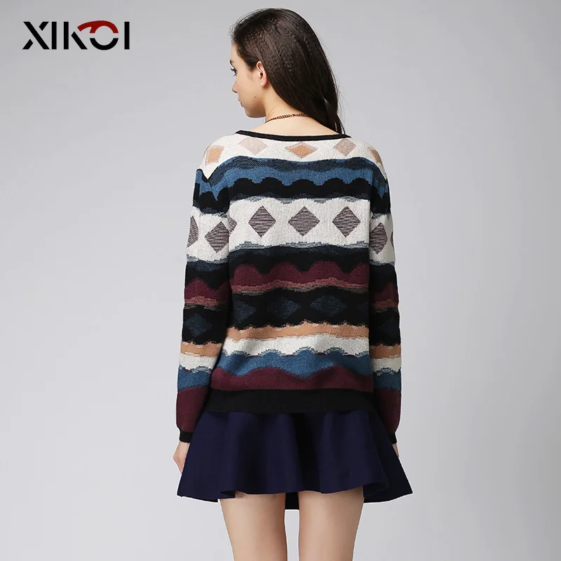 XIKOI Women Sweaters Fashion Casual O-Neck Thick Rhombus Print Pullovers Long Sleeve Computer Knitted Sweater | Женская одежда