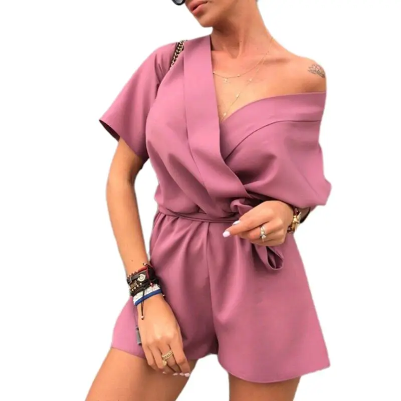 Hot Pink Женский сексуальный комбинезон с глубоким v-образным вырезом и коротким рукавом, однотонный комбинезон с высокой талией и поясом, свободные пляжные комбинезоны - Цвет: Hot Pink