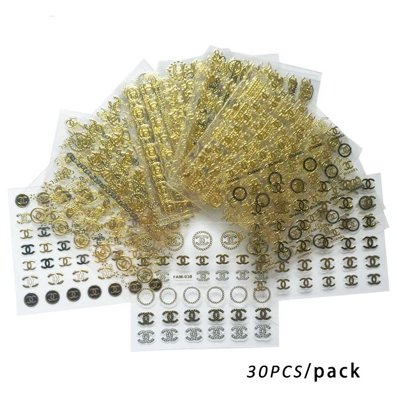 30pcs gold logo 30 шт./упак. золотые наклейки для ногтей Стикеры 3D на ногти Nail Art наклейки украшение для маникюра «сделай сам» маникюр дизайн ногтей наклейки - Цвет: 30pcs gold logo
