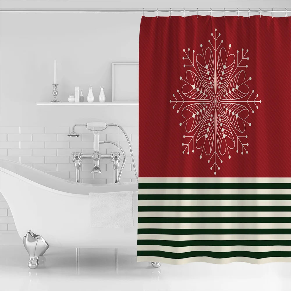 Комплект ванной комнаты с красными снежинками и зелеными полосами - тканевые аксессуары для душевой занавески для детей.