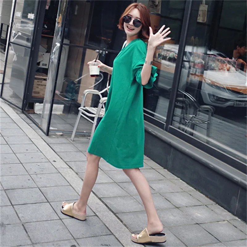 Летнее свободное Хлопковое платье-футболка с коротким рукавом повседневное