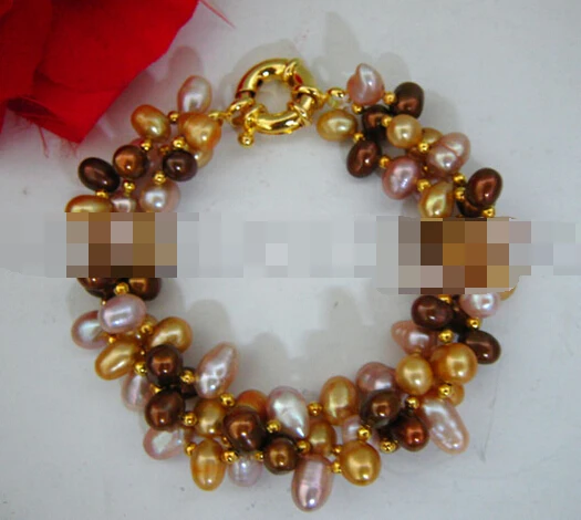 

free shipping 09773 Charming Natural Purple Brown Gold Freshwater Pearl Strand Bracelet