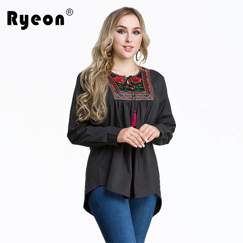 Ryeon Plus Size Women Blouse Shirt Embroidery Tassel Ethnic Sexy Black Casual Loose Long Sleeve Cotton Blouse7xl 6xl 5xl |