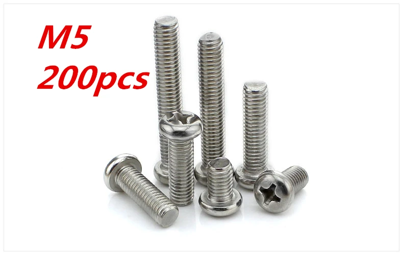 

200pcs M5*6/8/10/12-80mm 304 Stainless Steel Cross Screws Round Head Plain End Phillips Plain Self-tapping Screw Bolt Fasteners