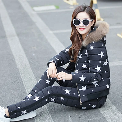 Hooded star black Женский зимний Камуфляжный хлопковый костюм с капюшоном и воротником из меха енота, женская верхняя одежда, плотное теплое пальто, комплект из 2 предметов(пальто+ штаны - Цвет: Hooded star black