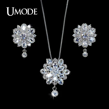 

UMODE Women Jewelry Sets Including 1 Pair Floral CZ Stud Earrings & 1 Flower Chain Pendant Necklace Made of CZ Stones US0016