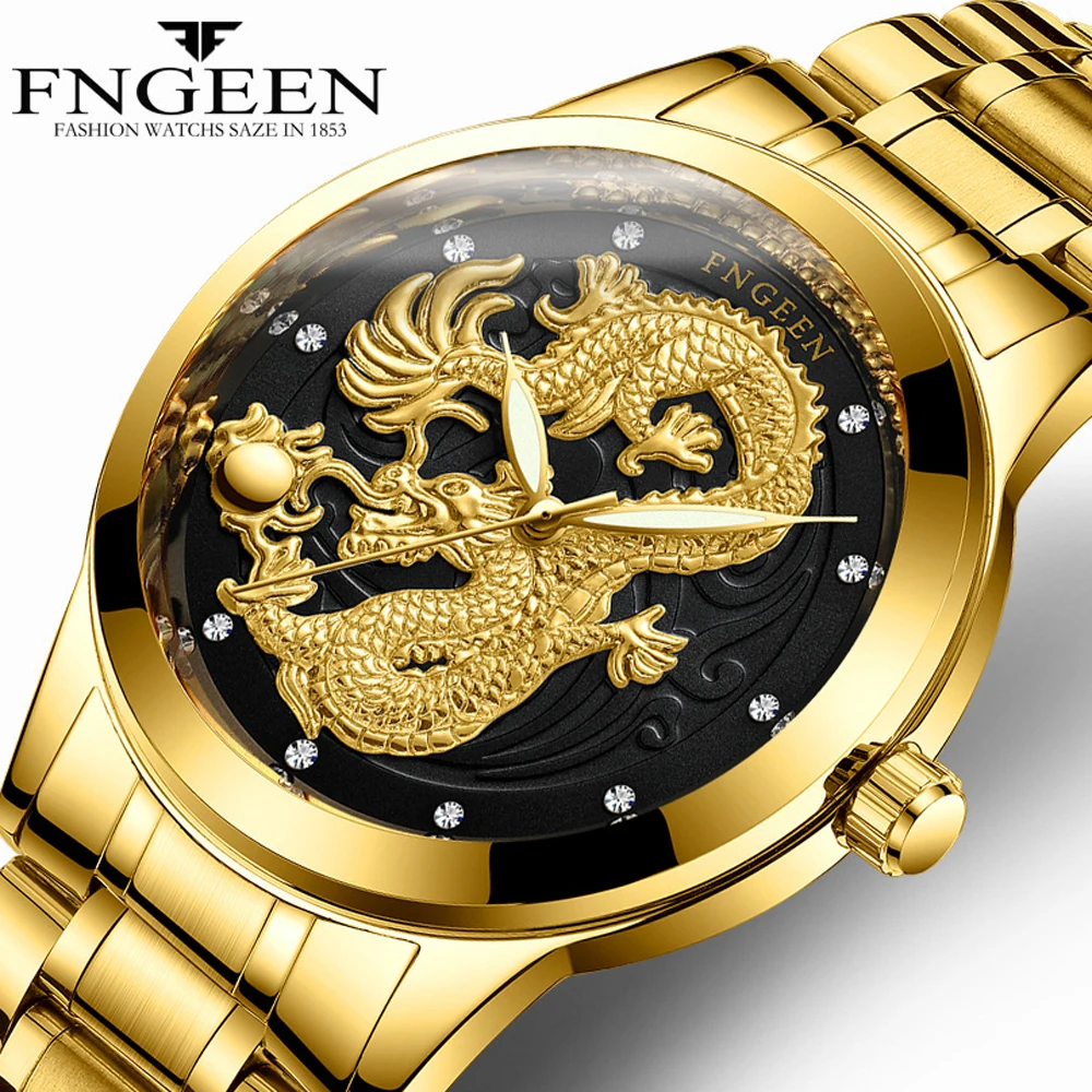 

FNGEEN Watch Man 2023 Top Brand Luxury Gold Dragon Watches Steel Waterproof Quartz Wrist Watches Male Clock Hodinky Men's Watch