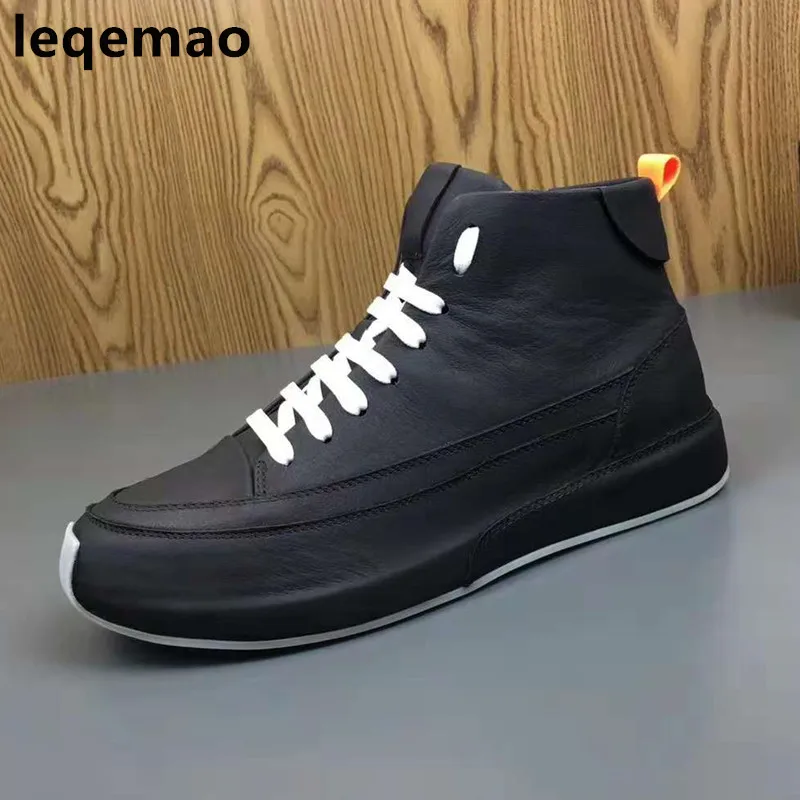 Мужские кроссовки из натуральной кожи черные повседневные ботильоны на плоской