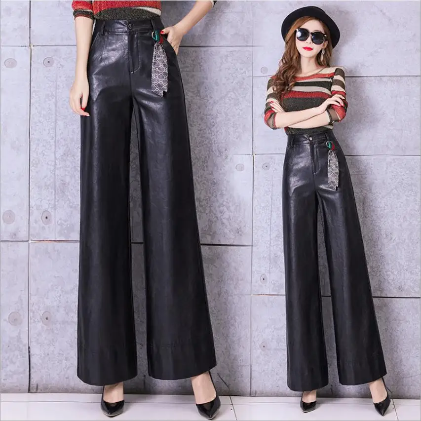 

S- 3XL Plus Size female trousers high waist warm velvet filling motorcycle PU leather Pants female wide leg leather pants wq662