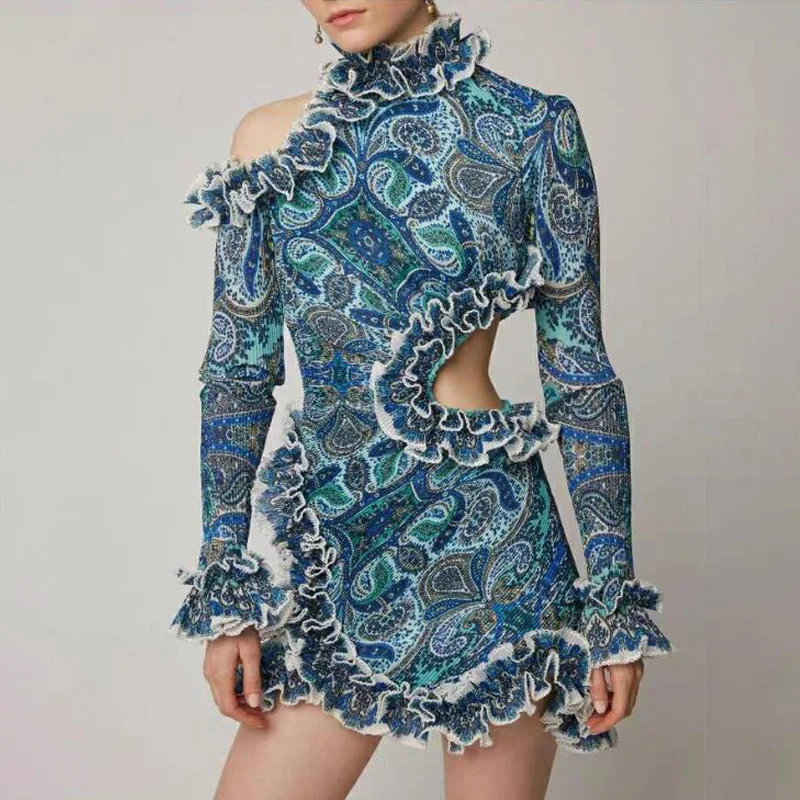 2019 New Sexy Fashion Women Hollow Out Waist Long Sleeve Ruffled Stitching Irregular Print O Neck Straight Omighty Midi Dress | Женская