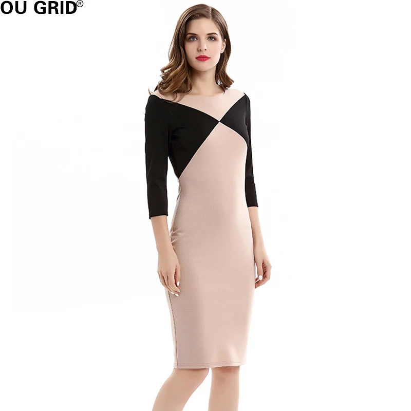 Для женщин офисные рабочие платье Лето 2017 г. Цвет блок патч работы три четверти