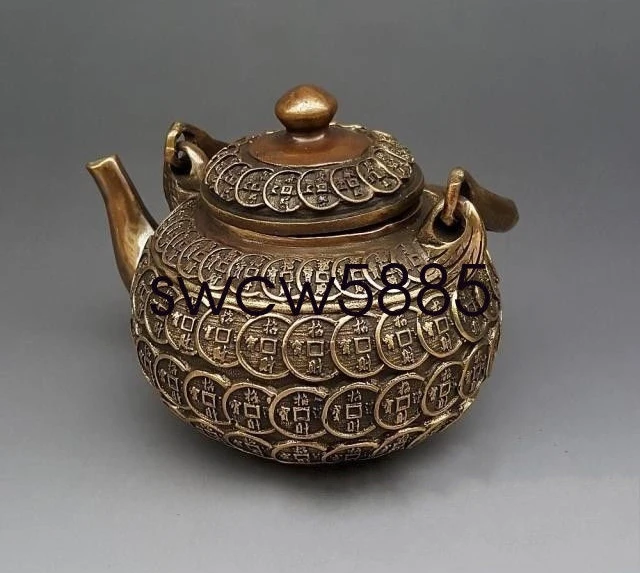 Old Chinese Brass Copper Wealth Money Coin Portable Wine Tea Pot Flagon NR | Дом и сад