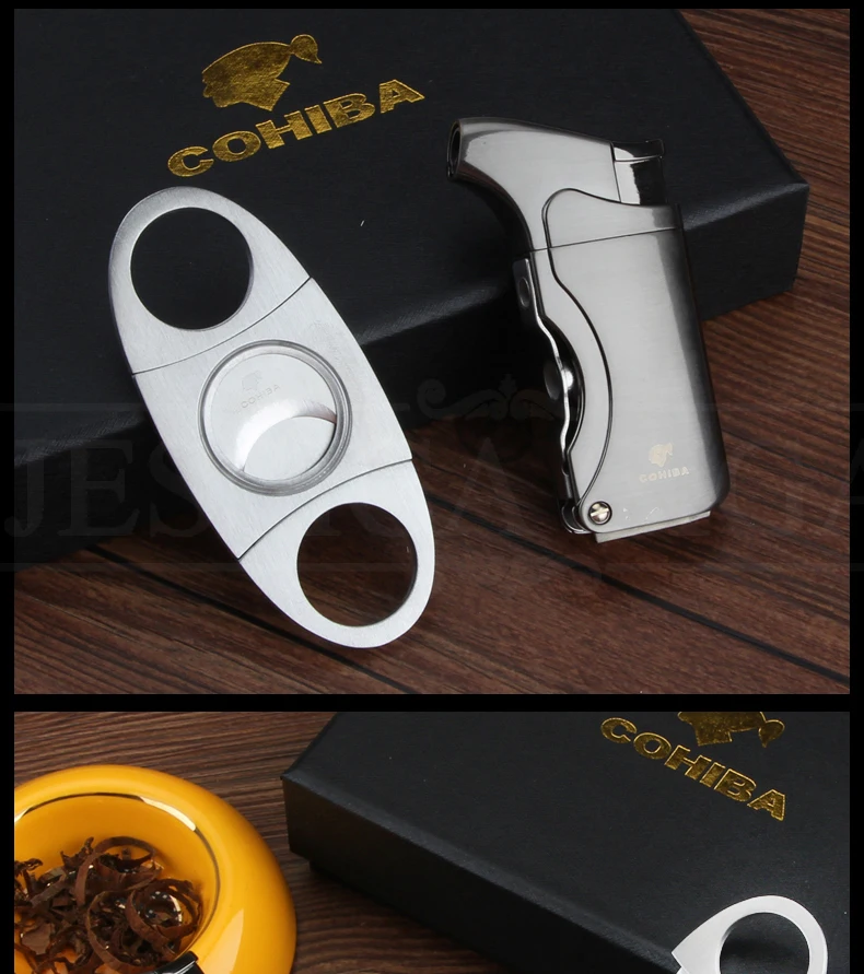 COHIBA зажигалка резак аксессуары для сигар набор металлический ветрозащитный бутан газ C фонарь зажигалки Нержавеющая сталь острый сигарный нож
