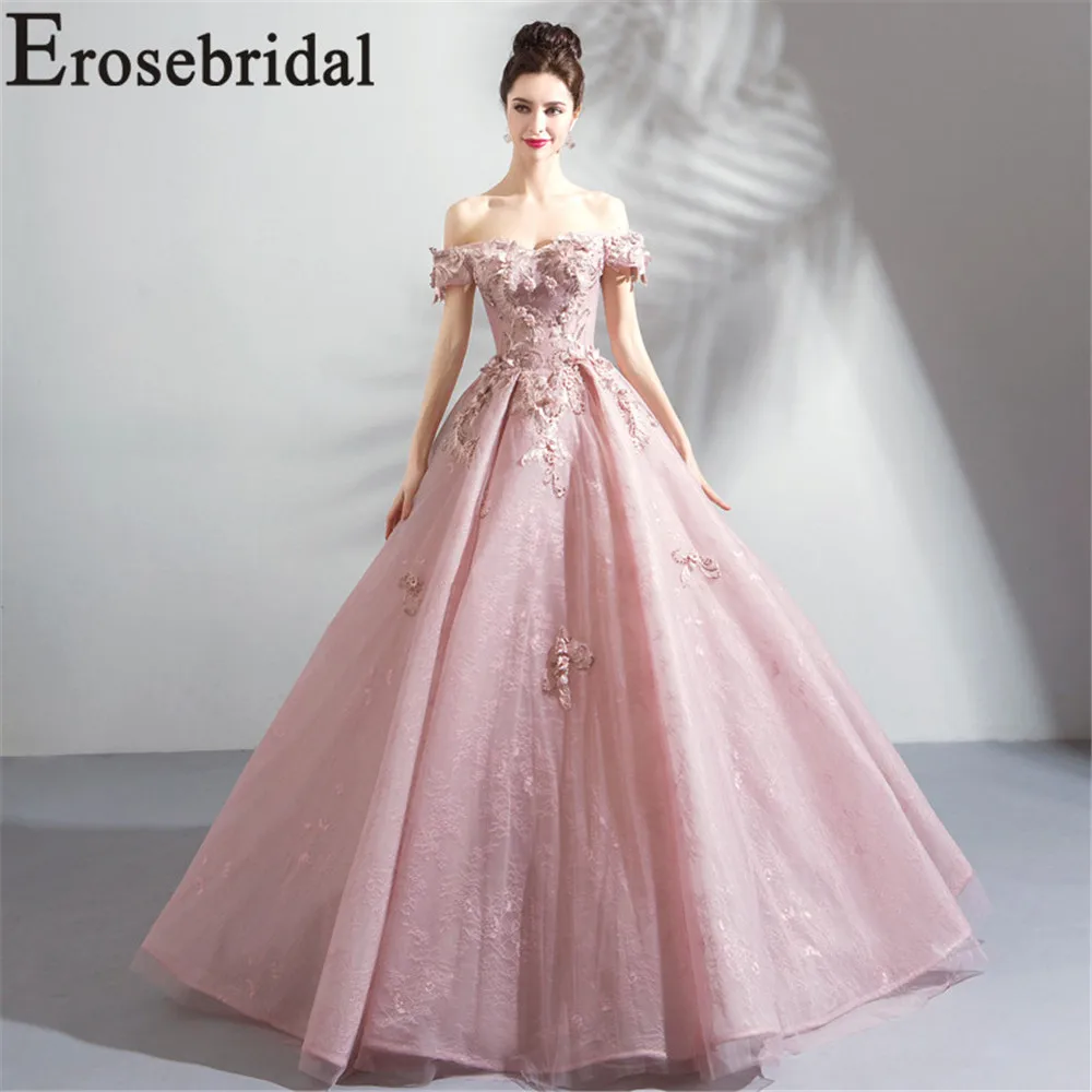Erosebridal бальное платье вечернее платье длинное кружевное 3D, украшение в виде цветка, формальный Для женщин Выходные туфли на выпускной вечерние платье розовый цвет со шнуровкой на спине