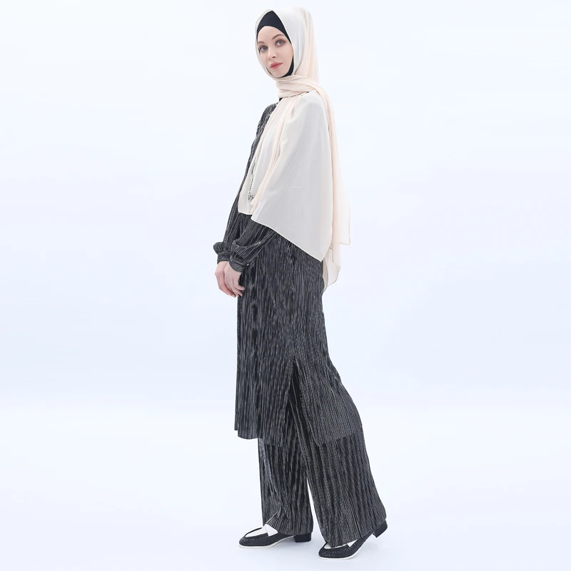Abaya Турция Дубай мусульманский Женский комплект из двух предметов Плиссированные Длинные топы и брюки турецкая исламская одежда сорочка Longue Femme Musulmane