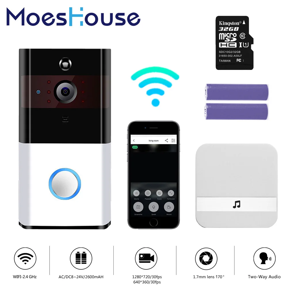 WiFi беспроводной видео дверной звонок 720P с колокольчиком и батареей в режиме