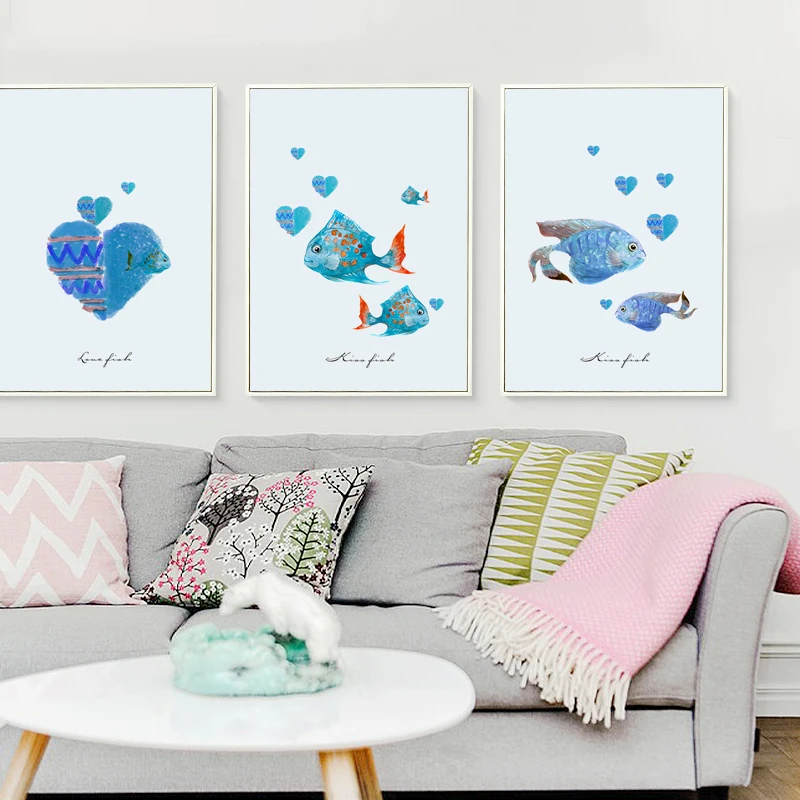 Абстрактная Акварельная краска сердце рыба картина А4 на холсте постер Настенная