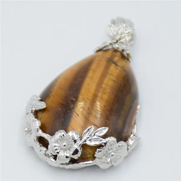 Tiger eye stone Женский натуральный камень, Фиолетовый Кристалл авантюрин опал Сердолик Оникс розовый кварцевый кристалл Lapis каплевидный инкрустированный кулон металлический цветок - Окраска металла: Tiger eye stone