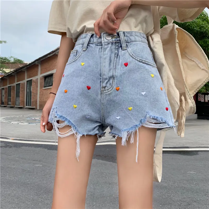 

HziriP Stylish Embroidery Hearts Casual New Summer Simple Irregular Loose Fresh Tassel jeans Hot Denim All Match Wide Leg Shorts