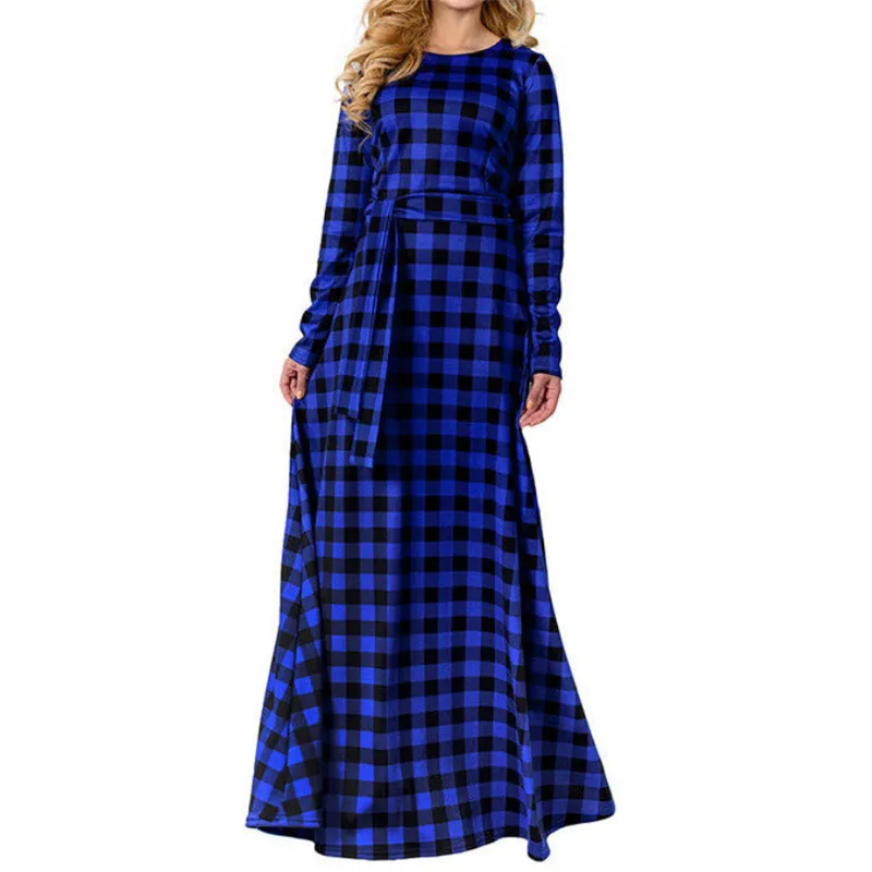 Rauen Herbst Rot/Blau клетчатые Boho Kleider Damen Langarm повседневные Mode Lange Макси Kleid вечерние Strand