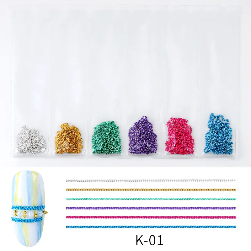 6 ячеек/упаковка разноцветные металлические цепочки для дизайна ногтей|Стразы и