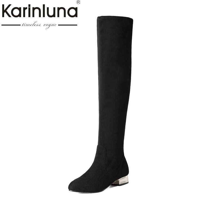 KarinLuna Новинка брендовые женские высокие сапоги Обувь без застежки на низком квадратном каблуке Высокие праздничные сапожки большие размеры 34–43