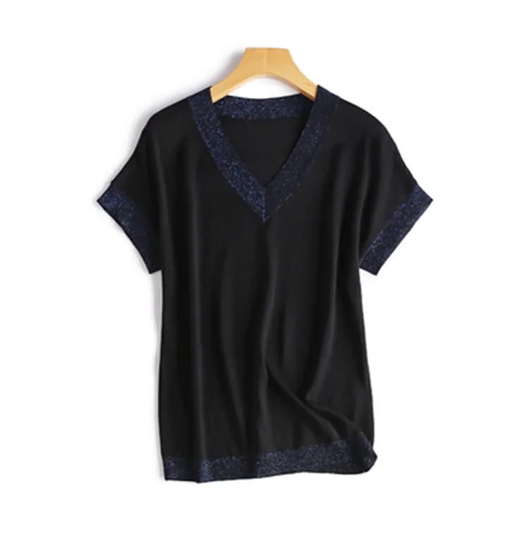 Женская трикотажная футболка с v образным вырезом тонкая Однотонная коротким