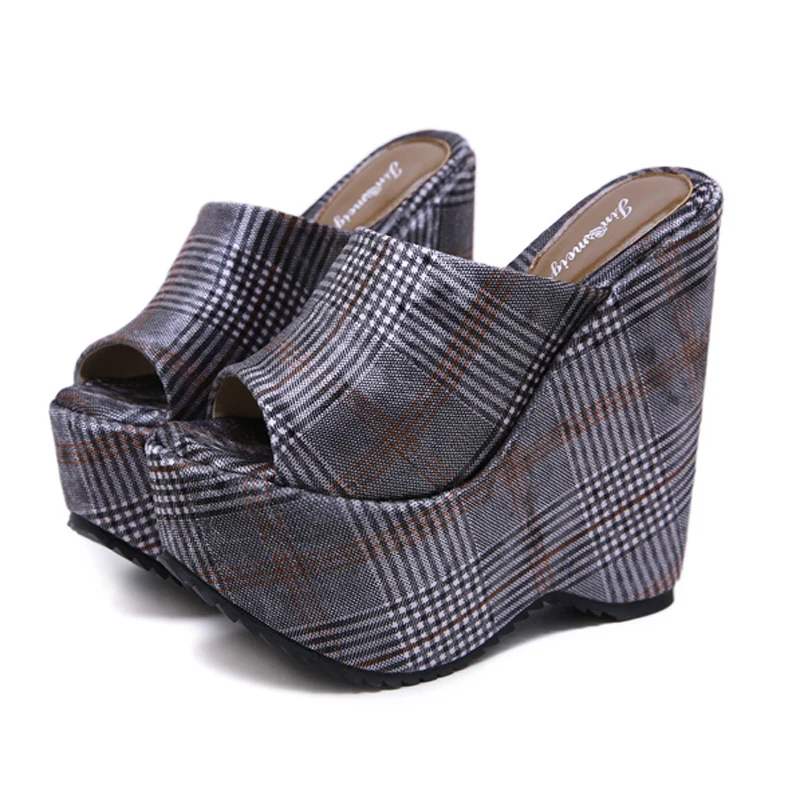 Женские шлепанцы на каблуке 16 см Модные сандалии танкетке в гладиаторском стиле