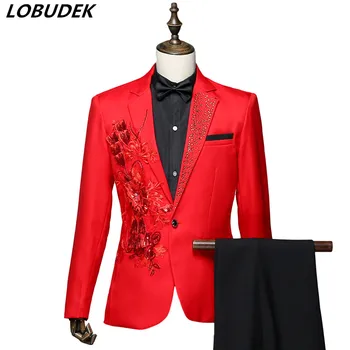 Adult Male Choral Dress Stage Outfit Red White Rhinestones Applique Jacket Pants Men's Suits Wedding Suit Host Prom Slim Costume