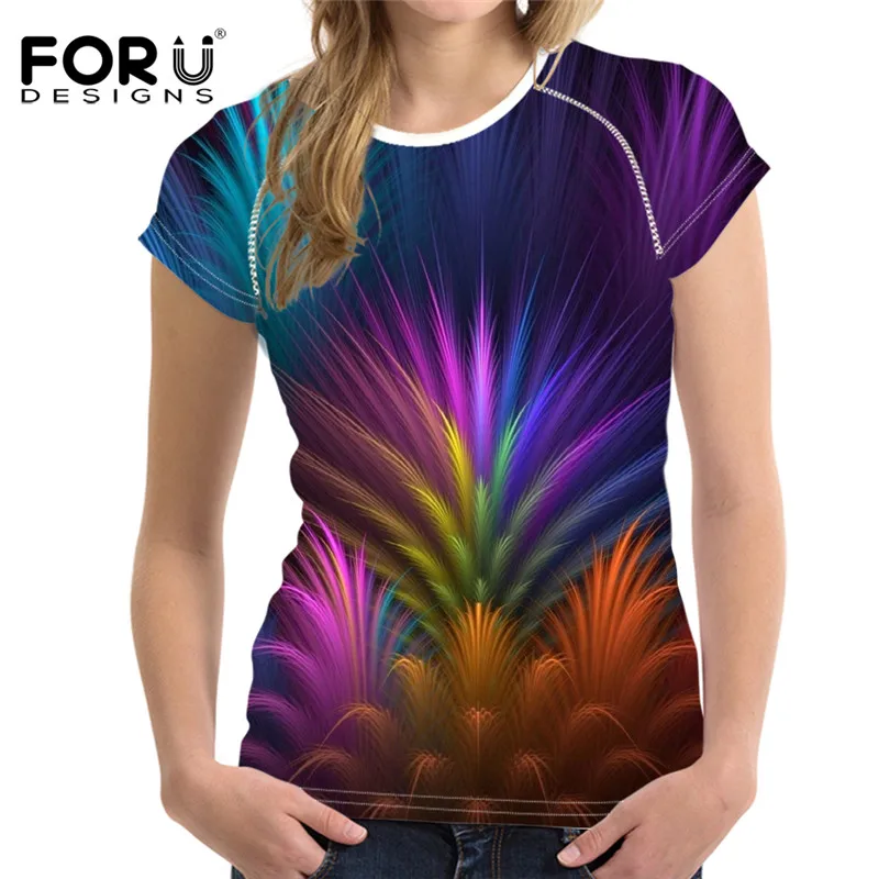 FORUDESIGNS/Цветная Дизайнерская футболка с коротким рукавом, Модные дышащие женские футболки для девочек, повседневные футболки из полиэстера с круглым вырезом, топы