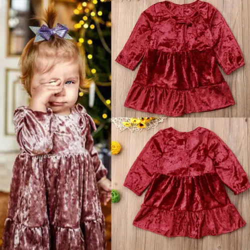 New Xmas Toddler Girl Velvet Dress Cute Kid Baby Long Sleeve Party Children Pageant Gown Christmas Clothes | Детская одежда и
