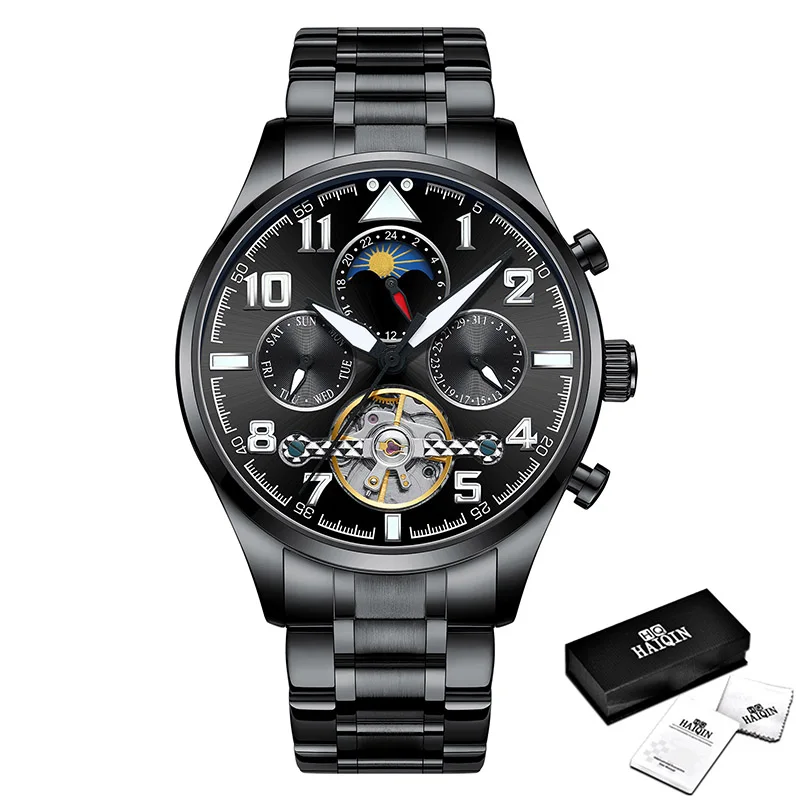 Steel All Black HAIQIN мужские часы Механические Турбийон роскошные модные брендовые кожаные мужские спортивные часы мужские автоматические часы Relogio Masculino - Цвет: Steel All Black