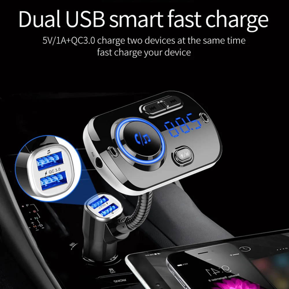 

FM Transmitter Modulator Aux Bluetooth 5.0 Handsfree Car Kit QC3.0 Fast Charger Dual USB Support SiRi TF Card for Two Device