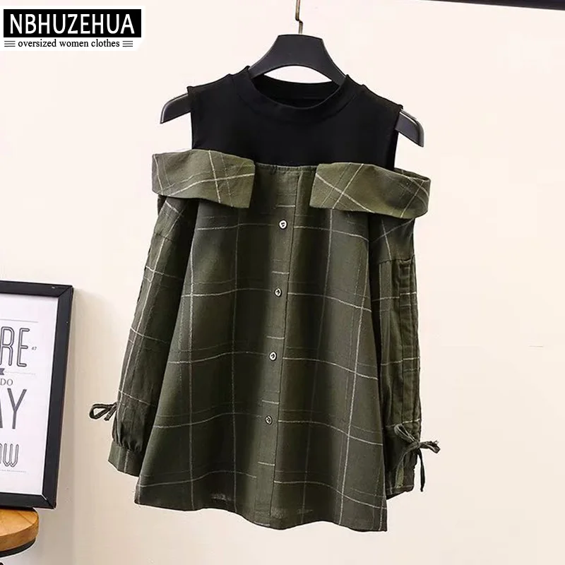 NBHUZEHUA Весенняя женская рубашка с длинным рукавом, плюс размер, винтажный клетчатый топ с открытыми плечами, корейский Повседневный пуловер 5XL 19-A20