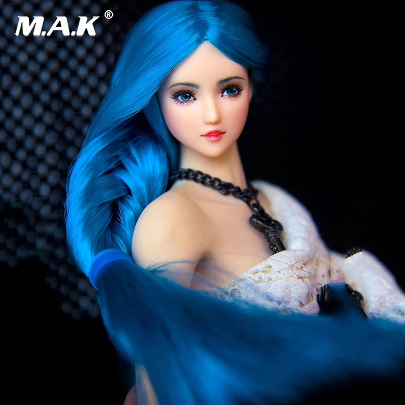 

1/6 Scale Asian Beauty OB27 Girl Pale Skin Blue Braid Hair Head Sculpt W Long Blue Braid pale tone Fit 12'' PH seemless Body