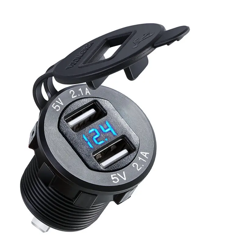 Black Shell Blue LED Универсальное водонепроницаемое автомобильное зарядное устройство из алюминиевого сплава, 5 В, а, двойное USB зарядное устройство, светодиодный дисплей с вольтметром, 10 а предохранитель для автомобиля, мотоцикла - Цвет: Black Shell Blue LED