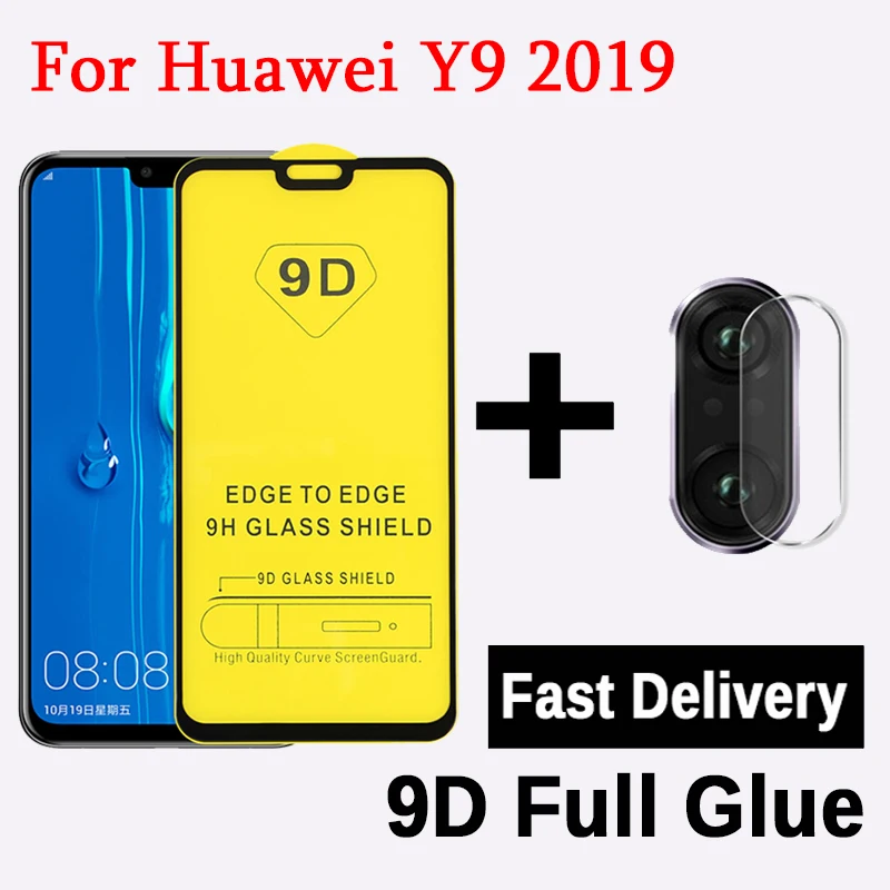 Закаленное стекло 2 в 1 9D с полным клеем Защитная пленка для экрана камеры Huawei Y9