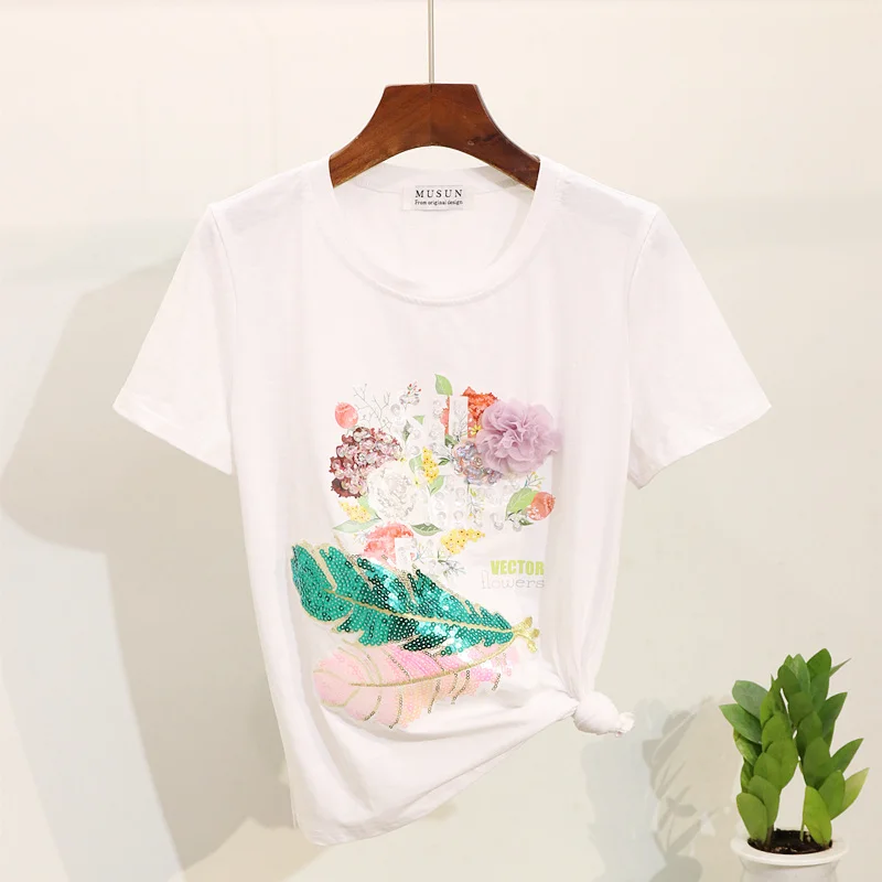 Модная Летняя женская футболка 2019 с вышивкой в виде листьев дерева и цветов
