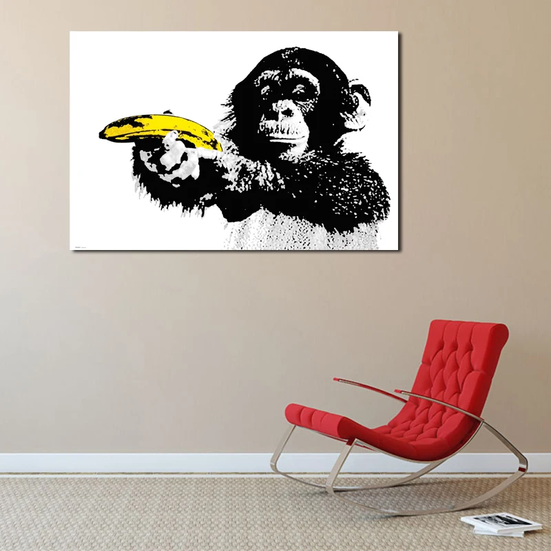 Обезьяна с банановый пистолет стены искусства холст плакаты печать картина