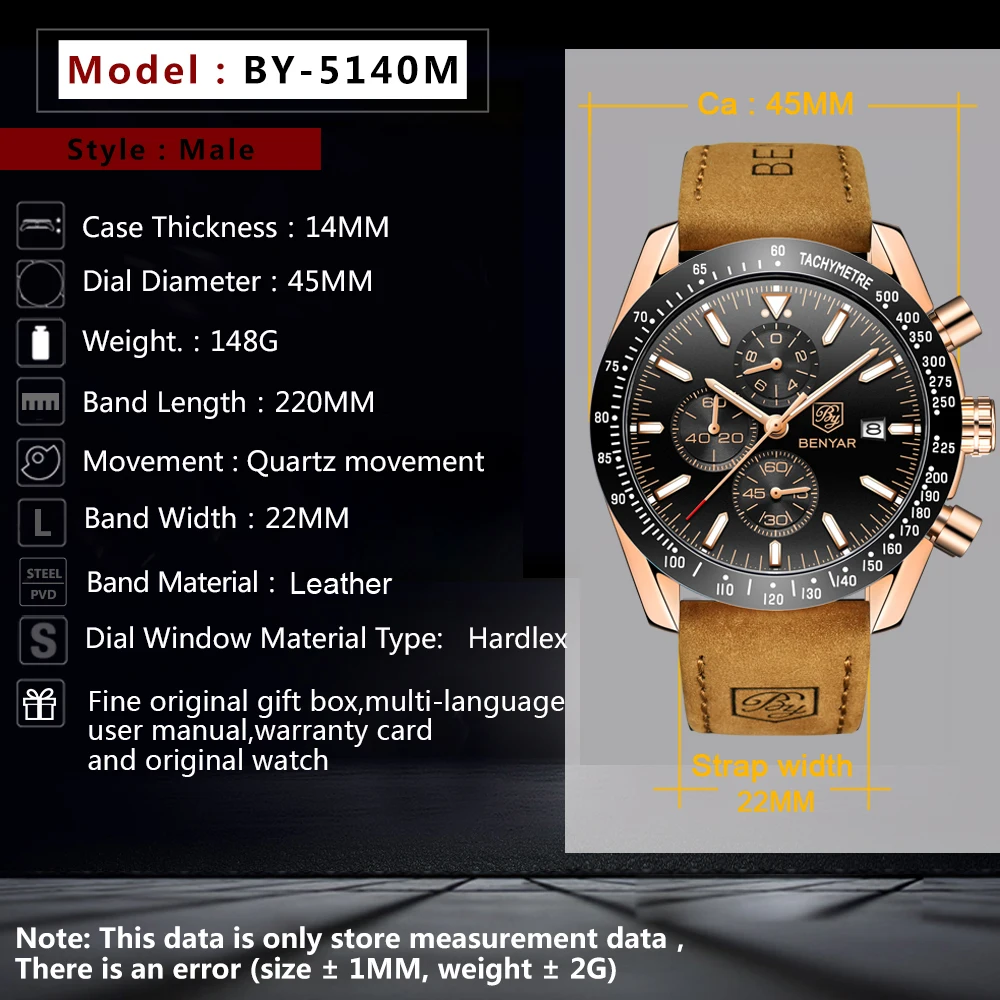 Мужские часы BENYAR спортивные водонепроницаемые кварцевые с кожаным ремешком