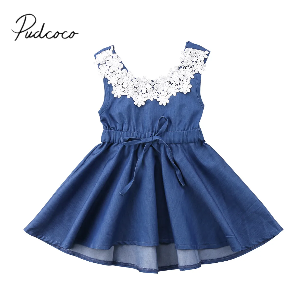 Новинка 2018 Брендовое детское летнее джинсовое платье без рукавов с цветочным