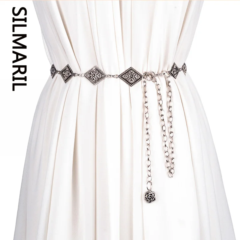 

SILMARIL Spring summer new fashion elegant silver carved waist chain Ethnic style metal waist female punk style belt for women