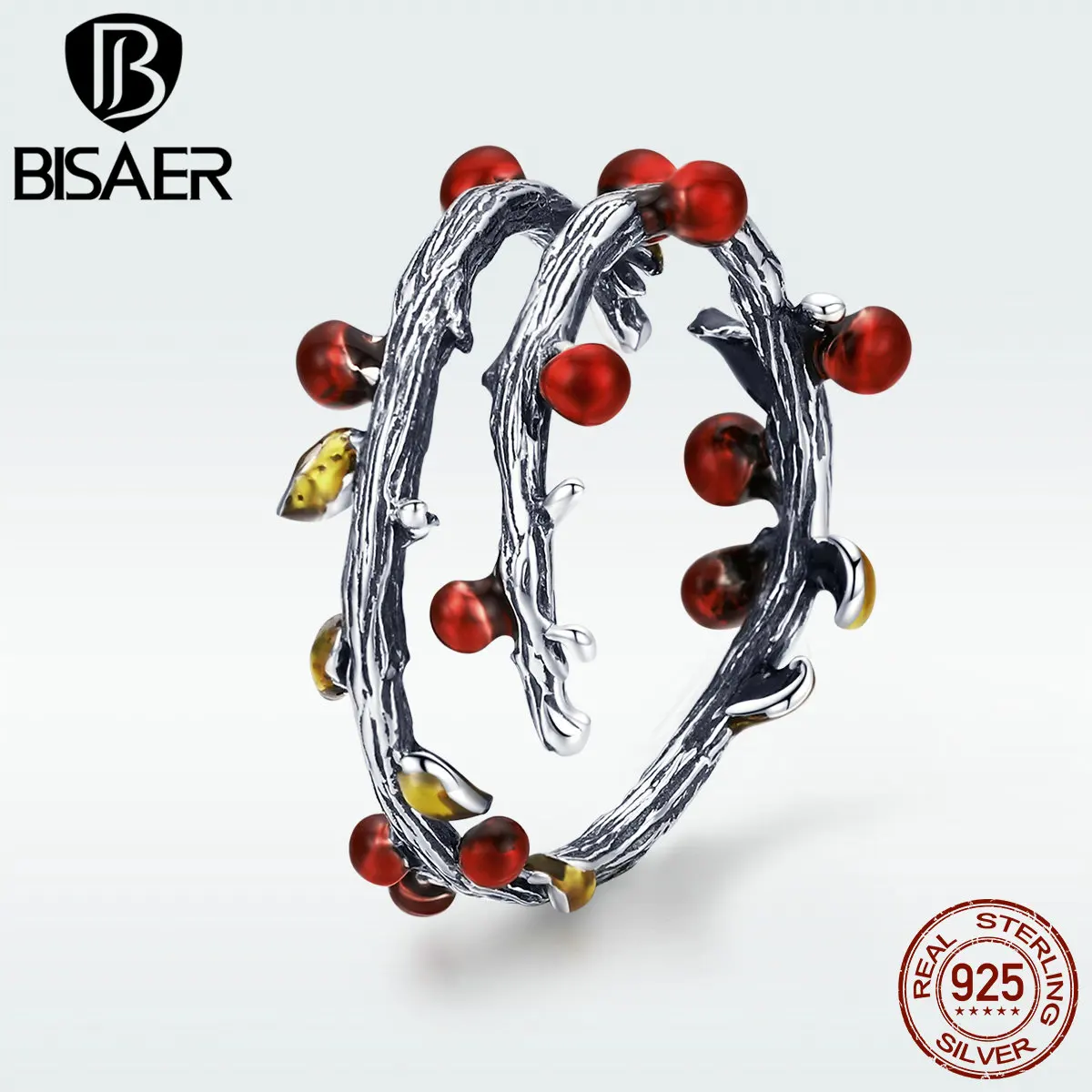 BISAER, новинка, кольца, 925 пробы, серебро, Винтаж, красная ягода, фрукты, двойные слои, открытые, кольца на палец для женщин, модное ювелирное изделие, GXR442