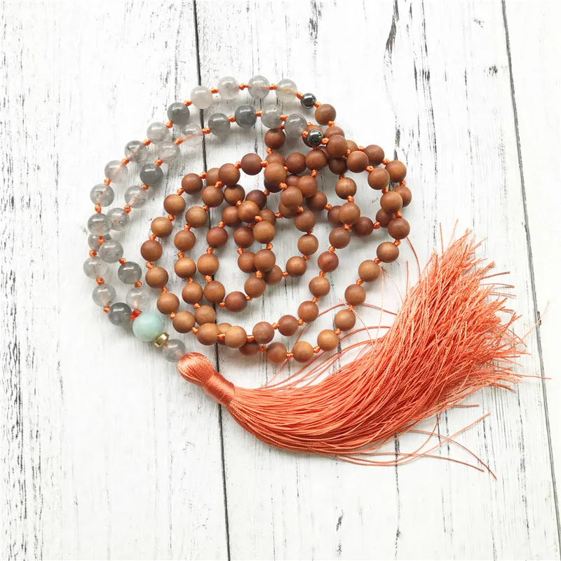 Высокое качество сандалового дерева 108 Мала Бусы Ожерелье серый кварц деревянные