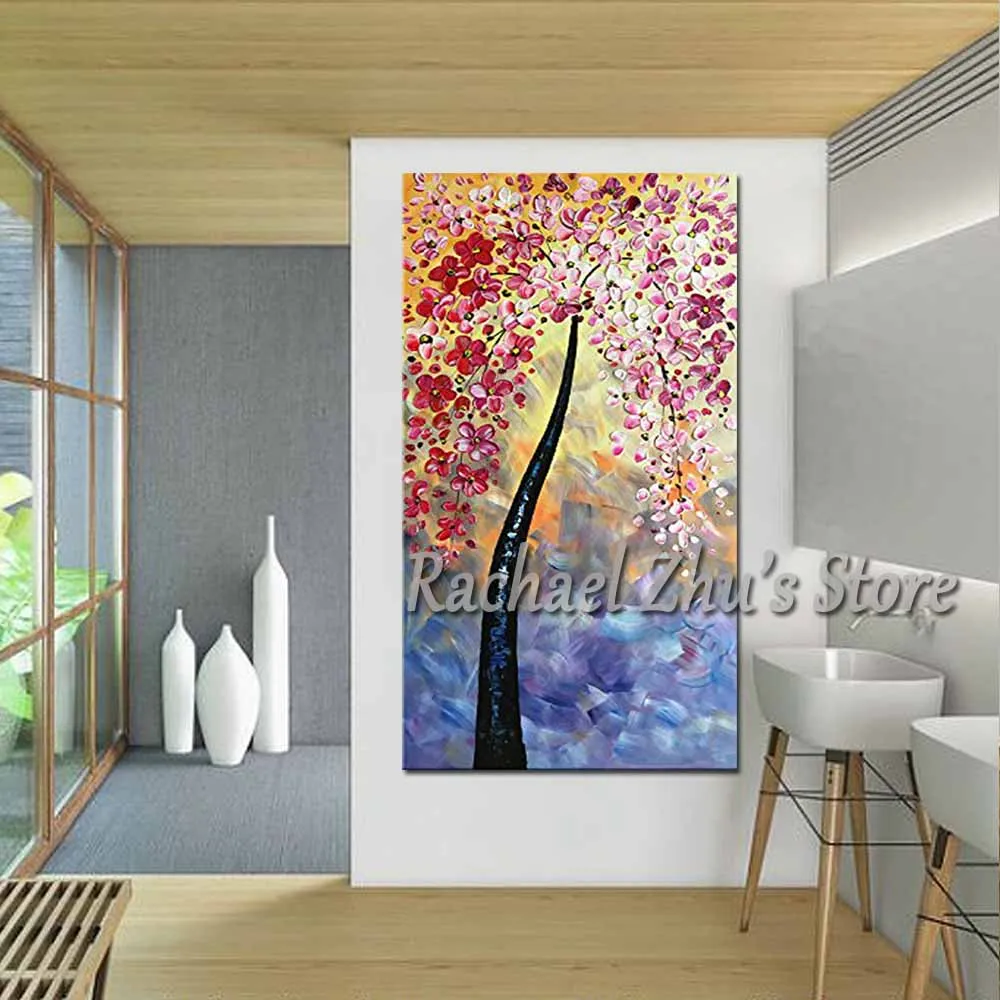 

Large Size Hand Painted Palette Knife Pink Flower Tree Oil Painting On Canvas Flower Wall Pictures Living Room Home Wall Decor