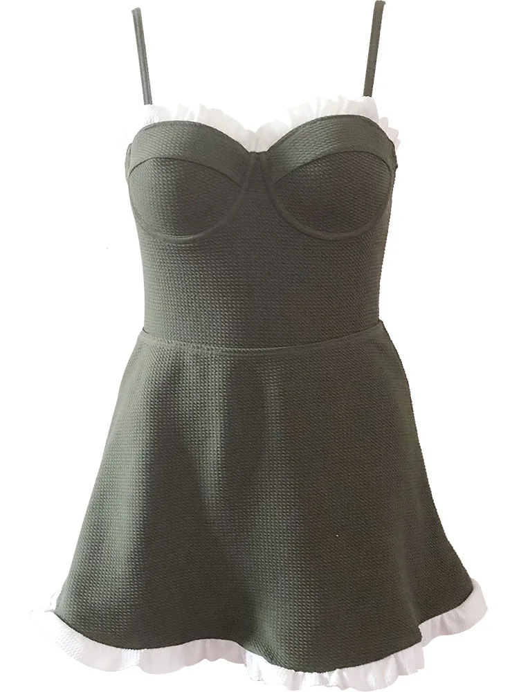 

2019 New Korean Women One Piece Swimwear Green Sexy Sling Strapless Cross Strap Back Bandeau Falbala Neckline Skirt Swimsuit